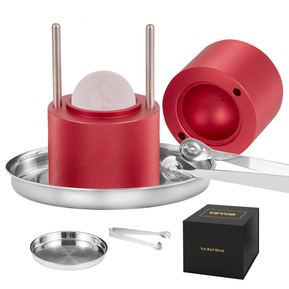 VEVOR Ice Ball Press, 2.4\" Ice Ball Maker, Aircraft Al Alloy Ice Ball Press Kit for 60mm Ice Sphere, Ice Press with Tong and Drip Tray, for Whiskey, Cocktail, Bourbon, Scot on Party & Holiday, Red 
