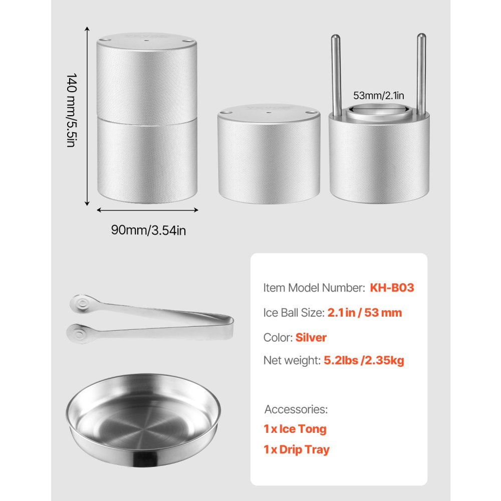 VEVOR Ice Ball Press Ice Ball Maker 2.1"/53mm Ice Press Kit for Whiskey Silver 