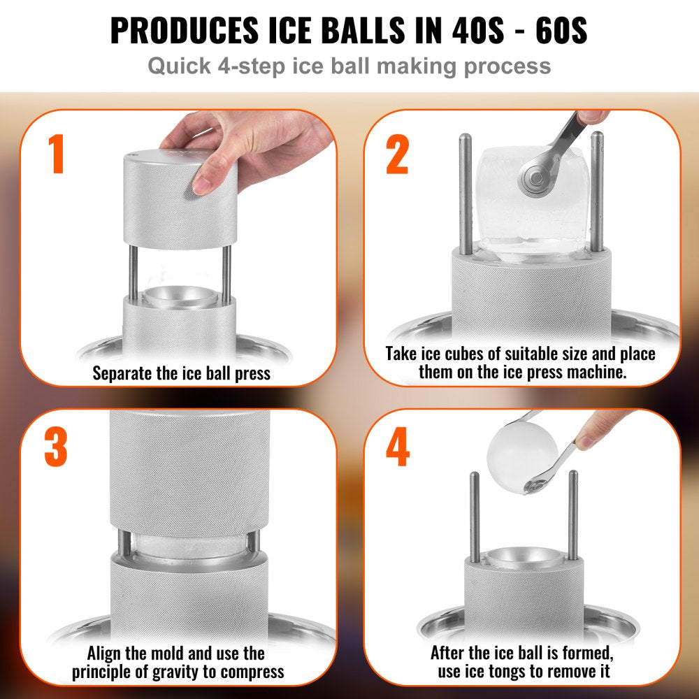 VEVOR Ice Ball Press Kit, Aircraft Al Alloy Ice Press with Ice Block Mold, Large Mat, Tong, Drip Tray, One Glass, Round Ice Ball Maker 2.4"/60 mm Ice Sphere, for Whiskey, Cocktail on Party & Holiday 
