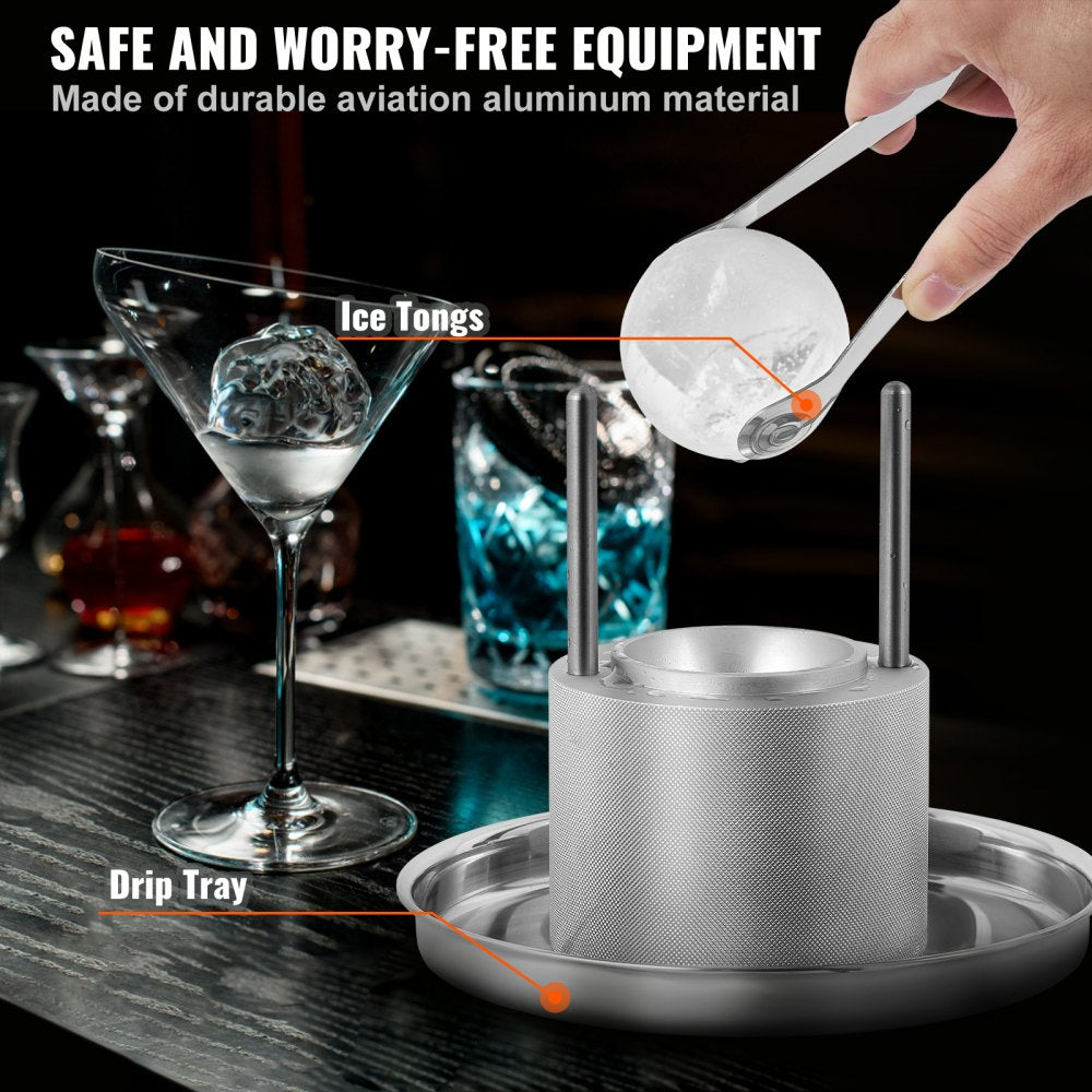 VEVOR Ice Ball Press Kit, Aircraft Al Alloy Ice Press with Ice Block Mold, Large Mat, Tong, Drip Tray, One Glass, Round Ice Ball Maker 2.4"/60 mm Ice Sphere, for Whiskey, Cocktail on Party & Holiday 