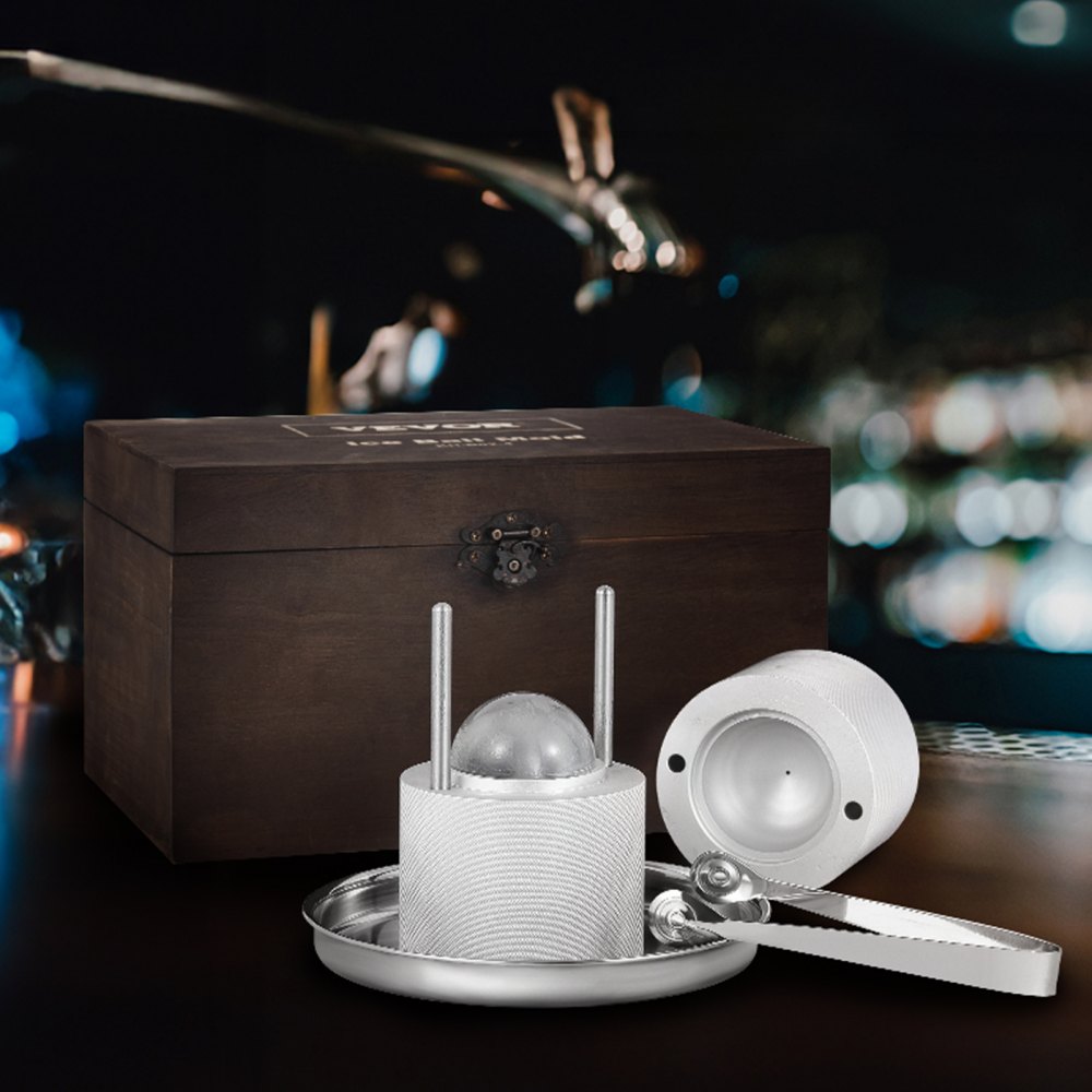 VEVOR Ice Ball Press Kit, Aircraft Al Alloy Ice Press with Ice Block Mold, Large Mat, Tong, Drip Tray, One Glass, Round Ice Ball Maker 2.4"/60 mm Ice Sphere, for Whiskey, Cocktail on Party & Holiday 