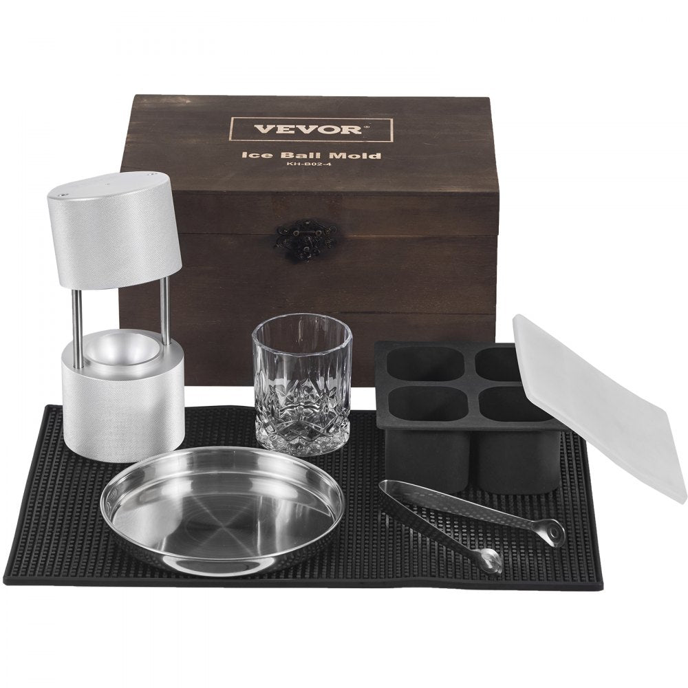 VEVOR Ice Ball Press Kit, Aircraft Al Alloy Ice Press with Ice Block Mold, Large Mat, Tong, Drip Tray, One Glass, Round Ice Ball Maker 2.4"/60 mm Ice Sphere, for Whiskey, Cocktail on Party & Holiday 