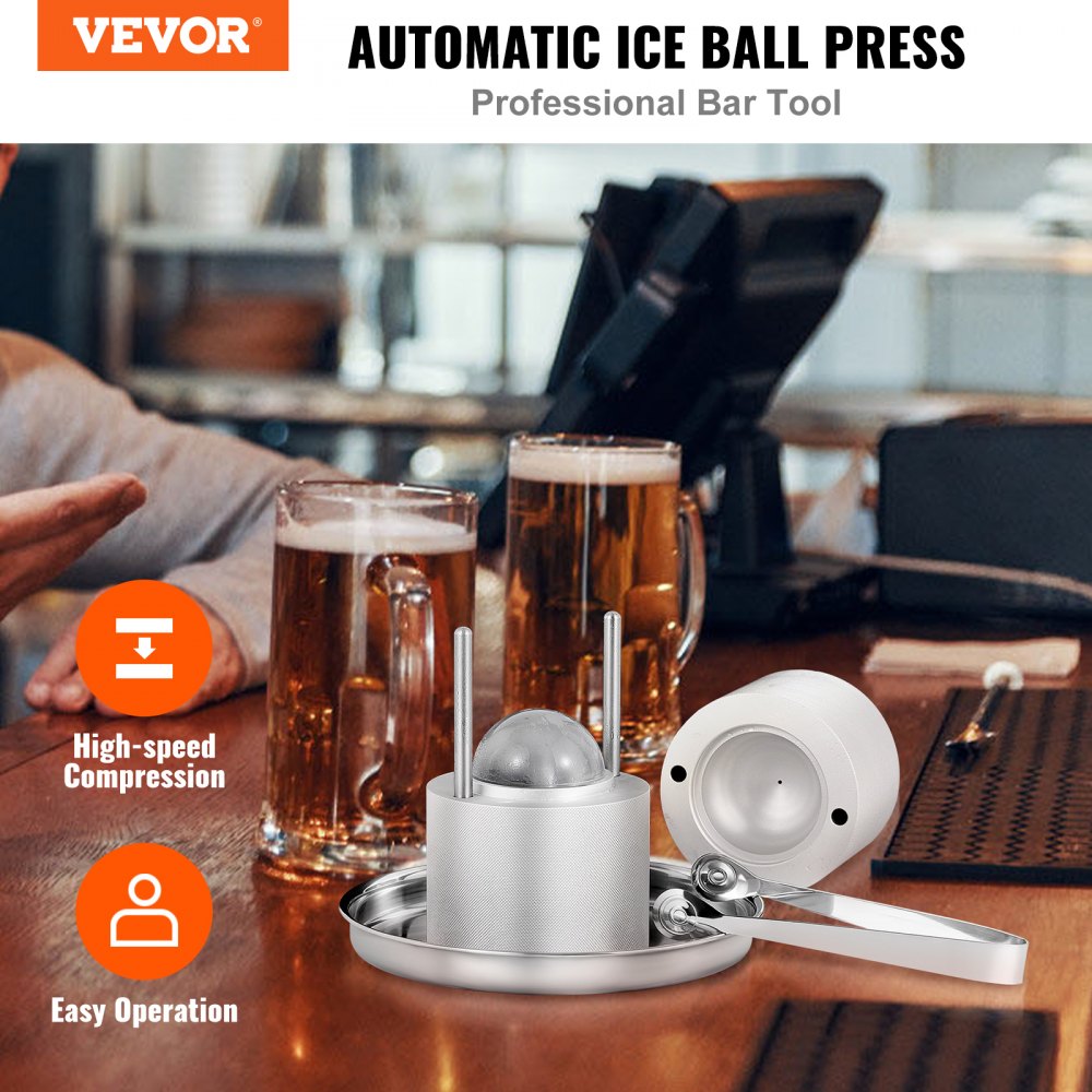 VEVOR Ice Ball Press, 2.4\" Ice Ball Maker, Aircraft Al Alloy Ice Ball Press Kit for 60mm Ice Sphere, Ice Press with Tong and Drip Tray, for Whiskey, Cocktail, Bourbon, Scot on Party & Holiday, Silver 