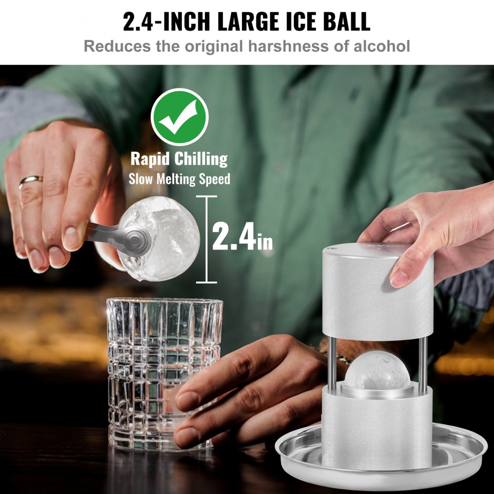 VEVOR Ice Ball Press, 2.4\" Ice Ball Maker, Aircraft Al Alloy Ice Ball Press Kit for 60mm Ice Sphere, Ice Press with Tong and Drip Tray, for Whiskey, Cocktail, Bourbon, Scot on Party & Holiday, Silver 