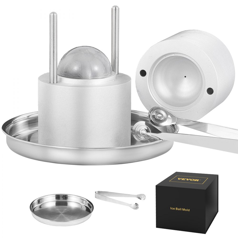 VEVOR Ice Ball Press, 2.4\" Ice Ball Maker, Aircraft Al Alloy Ice Ball Press Kit for 60mm Ice Sphere, Ice Press with Tong and Drip Tray, for Whiskey, Cocktail, Bourbon, Scot on Party & Holiday, Silver 