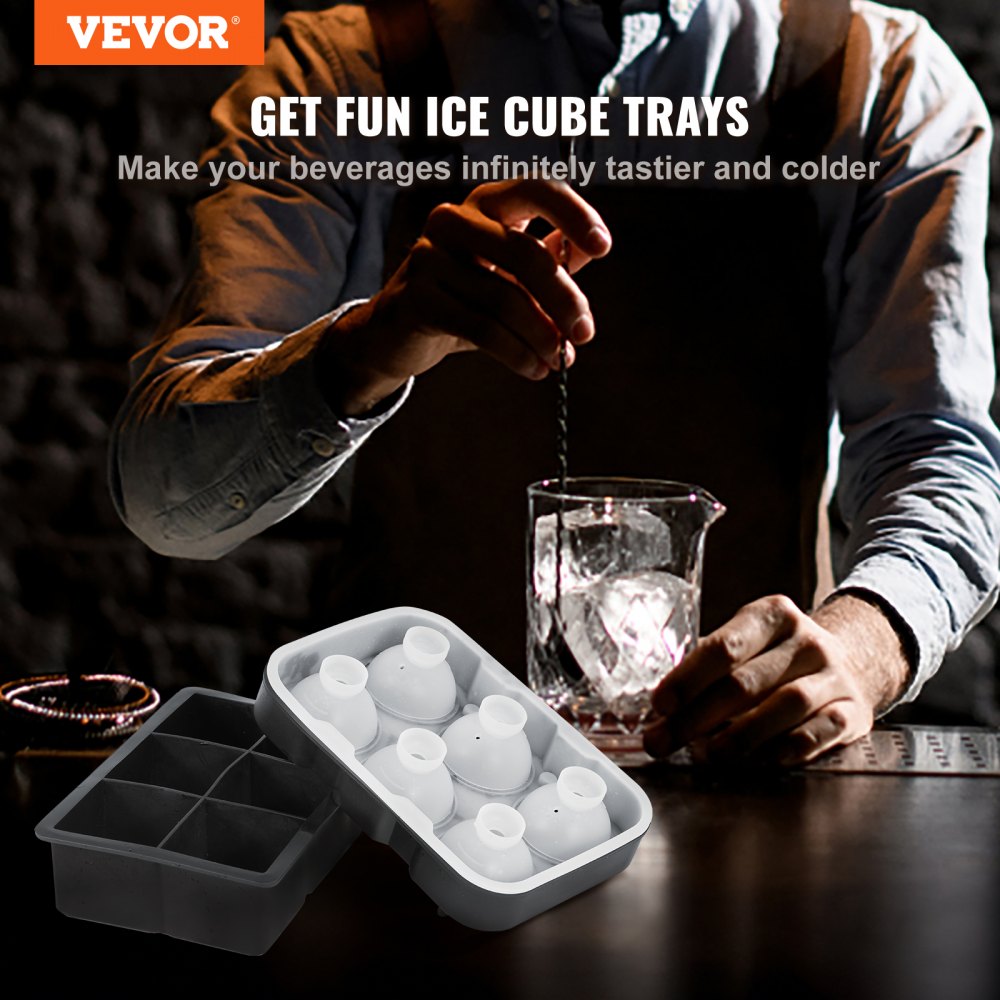 VEVOR Ice Cube Trays (Set of 2), 2-in-1 Combo with Silicone Sphere Ice Ball Maker & Large Square Ice Cube Maker with Lid, Reusable Easy Release BPA Free Ice Tray Set for Whiskey Cocktails Bourbon 