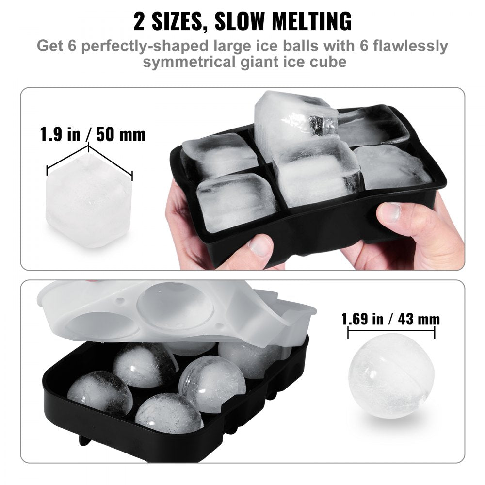 VEVOR Ice Cube Trays (Set of 2), 2-in-1 Combo with Silicone Sphere Ice Ball Maker & Large Square Ice Cube Maker with Lid, Reusable Easy Release BPA Free Ice Tray Set for Whiskey Cocktails Bourbon 