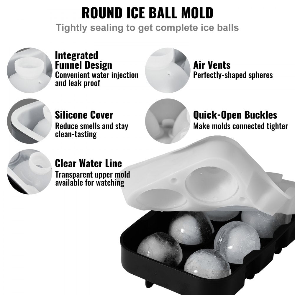 VEVOR Ice Cube Trays (Set of 2), 2-in-1 Combo with Silicone Sphere Ice Ball Maker & Large Square Ice Cube Maker with Lid, Reusable Easy Release BPA Free Ice Tray Set for Whiskey Cocktails Bourbon 