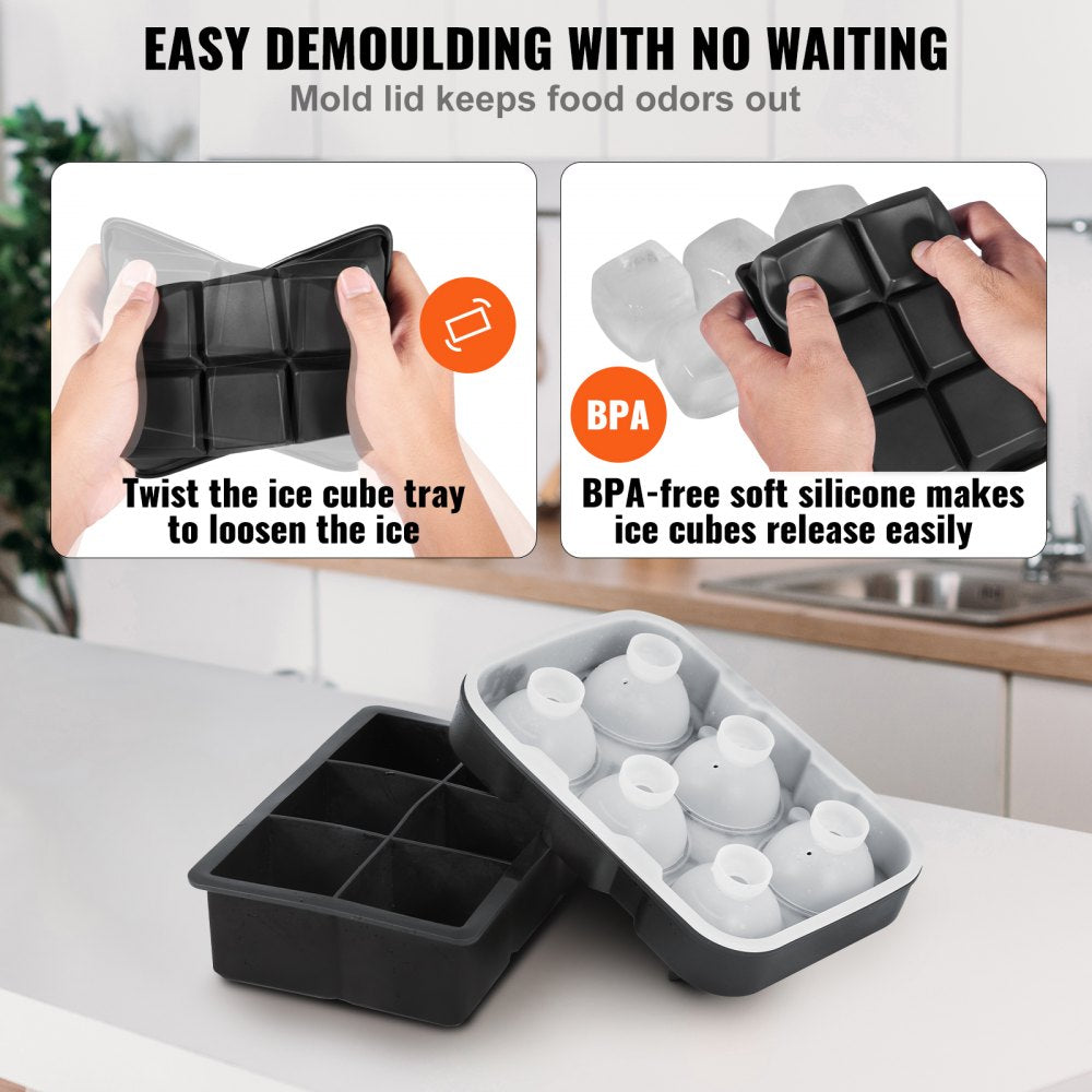 VEVOR Ice Cube Trays (Set of 2), 2-in-1 Combo with Silicone Sphere Ice Ball Maker & Large Square Ice Cube Maker with Lid, Reusable Easy Release BPA Free Ice Tray Set for Whiskey Cocktails Bourbon 