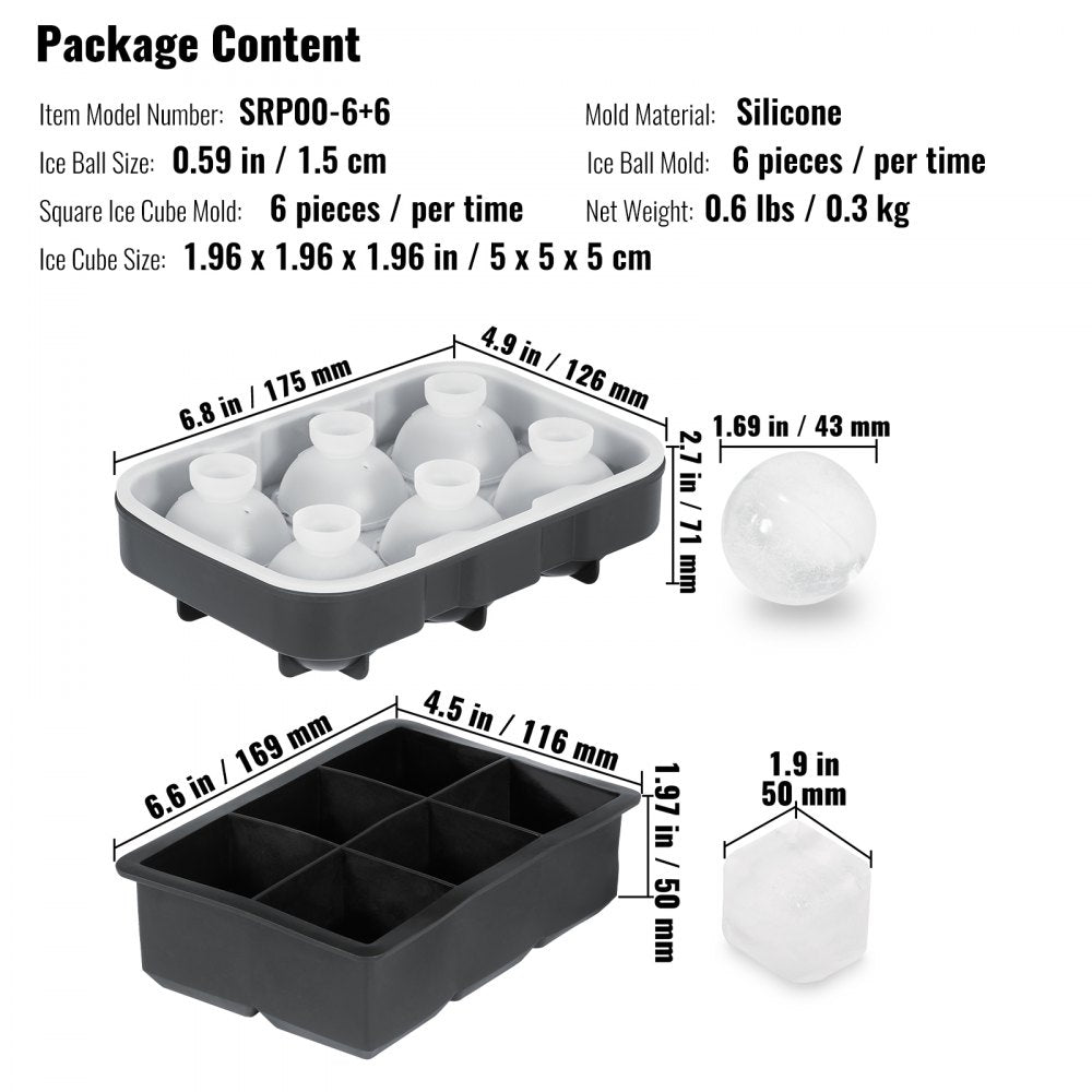 VEVOR Ice Cube Trays (Set of 2), 2-in-1 Combo with Silicone Sphere Ice Ball Maker & Large Square Ice Cube Maker with Lid, Reusable Easy Release BPA Free Ice Tray Set for Whiskey Cocktails Bourbon 
