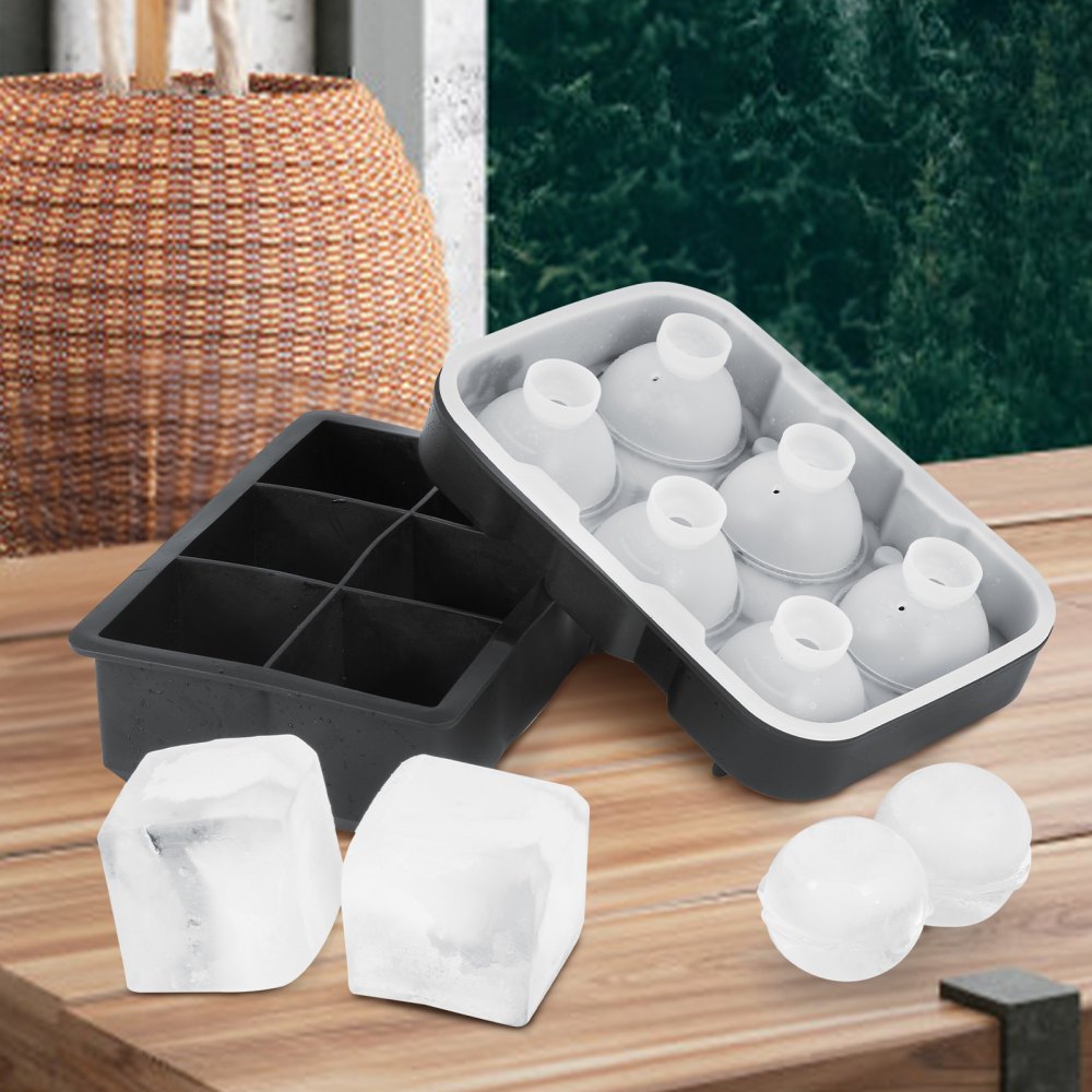 VEVOR Ice Cube Trays (Set of 2), 2-in-1 Combo with Silicone Sphere Ice Ball Maker & Large Square Ice Cube Maker with Lid, Reusable Easy Release BPA Free Ice Tray Set for Whiskey Cocktails Bourbon 