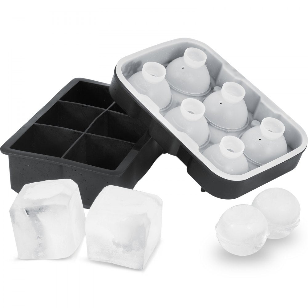 VEVOR Ice Cube Trays (Set of 2), 2-in-1 Combo with Silicone Sphere Ice Ball Maker & Large Square Ice Cube Maker with Lid, Reusable Easy Release BPA Free Ice Tray Set for Whiskey Cocktails Bourbon 