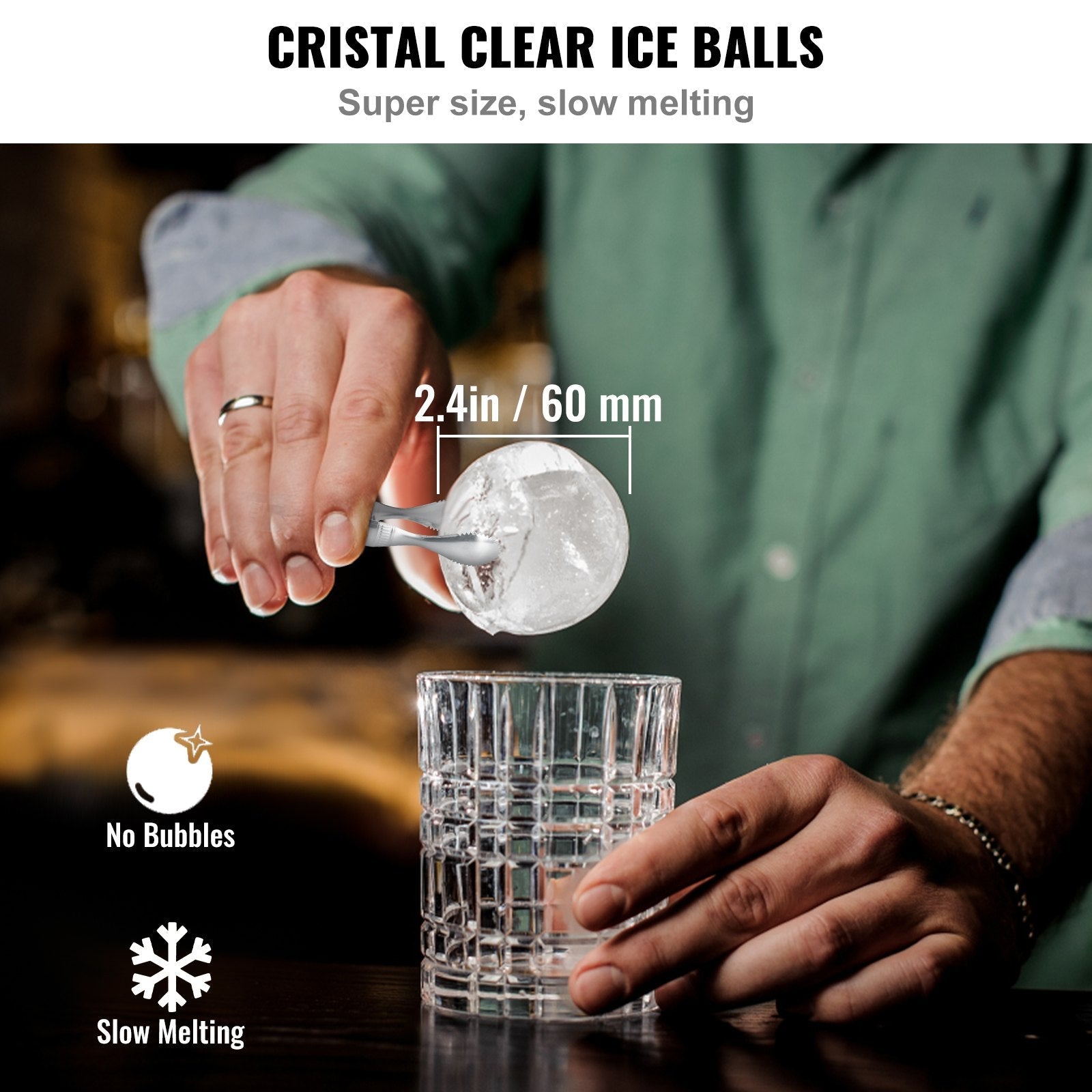 VEVOR Ice Ball Maker, Crystal Clear Ice Ball Maker 2.36inch Ice Sphere Maker with Storage Bag and Ice Clamp, Round Clear Ice Cube 2-Cavity Ice Press Maker for Whiskey Scotch Cocktail Brandy 
