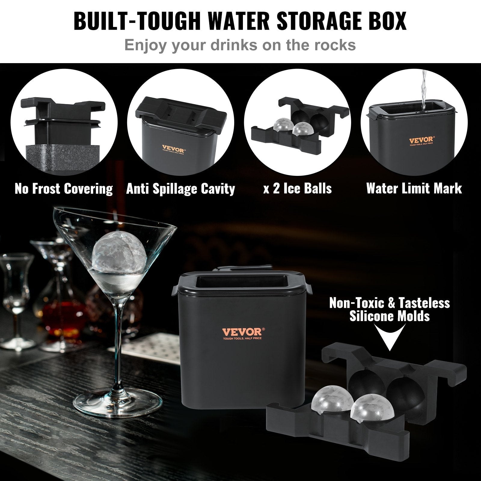 VEVOR Ice Ball Maker, Crystal Clear Ice Ball Maker 2.36inch Ice Sphere Maker with Storage Bag and Ice Clamp, Round Clear Ice Cube 2-Cavity Ice Press Maker for Whiskey Scotch Cocktail Brandy 