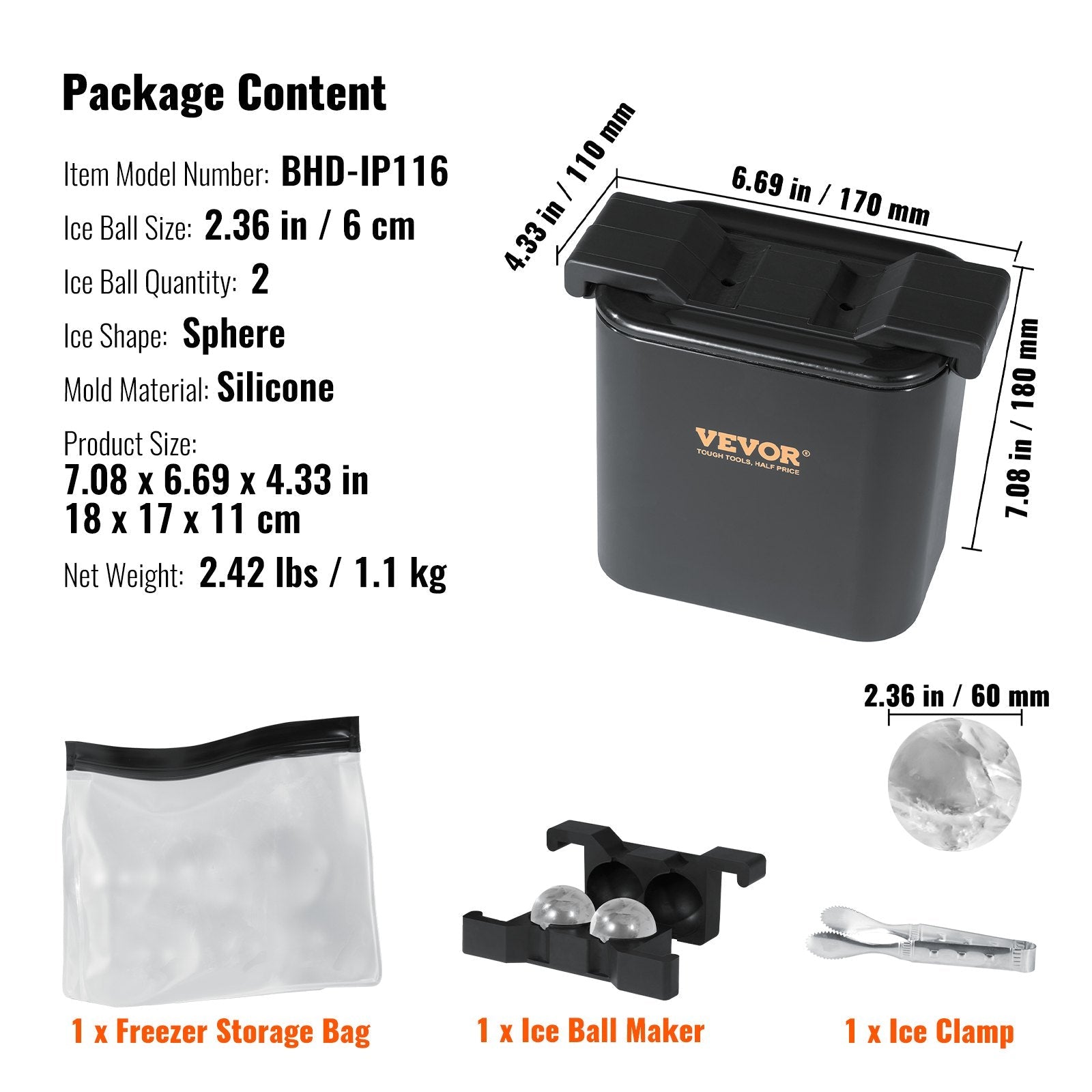 VEVOR Ice Ball Maker, Crystal Clear Ice Ball Maker 2.36inch Ice Sphere Maker with Storage Bag and Ice Clamp, Round Clear Ice Cube 2-Cavity Ice Press Maker for Whiskey Scotch Cocktail Brandy 