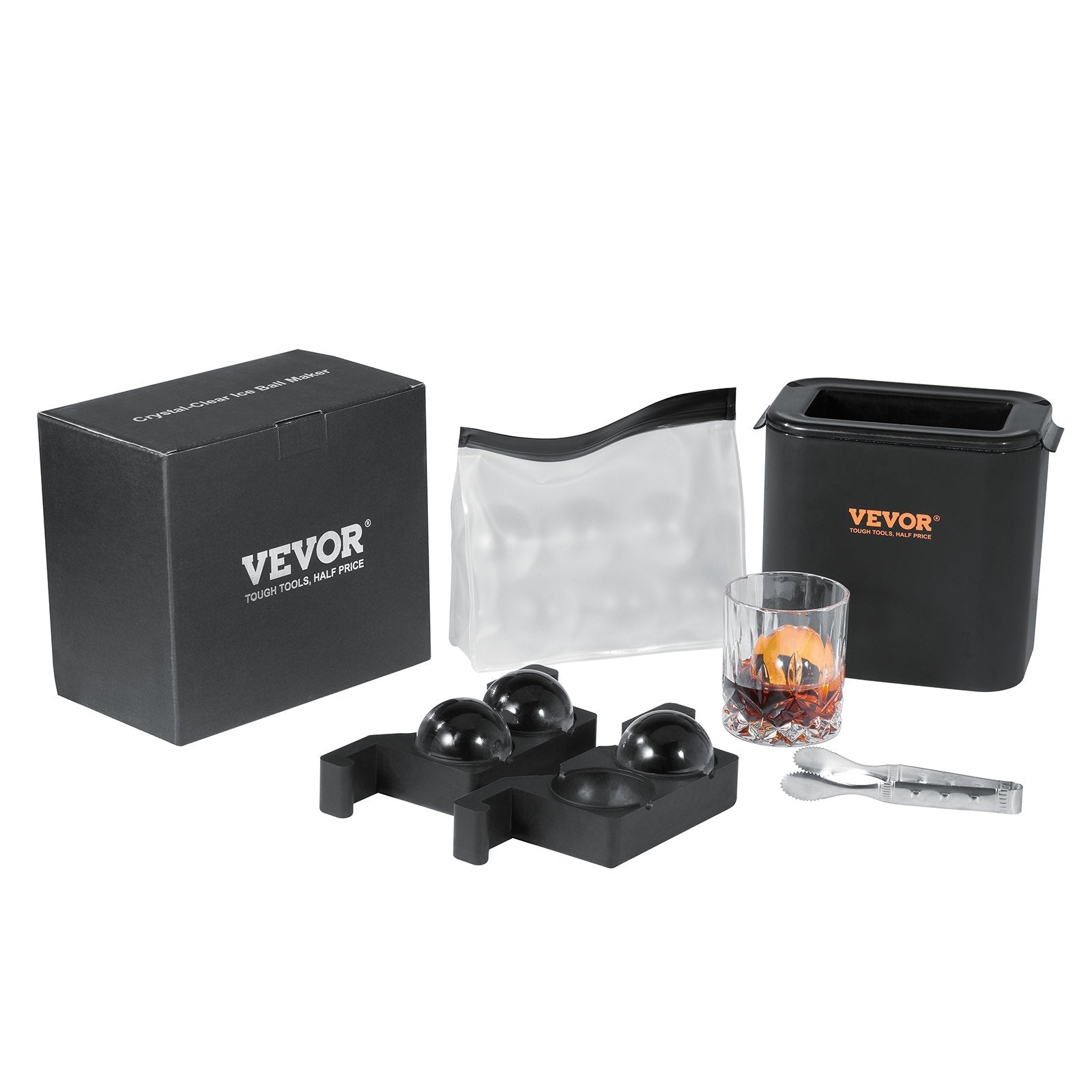 VEVOR Ice Ball Maker, Crystal Clear Ice Ball Maker 2.36inch Ice Sphere Maker with Storage Bag and Ice Clamp, Round Clear Ice Cube 2-Cavity Ice Press Maker for Whiskey Scotch Cocktail Brandy 
