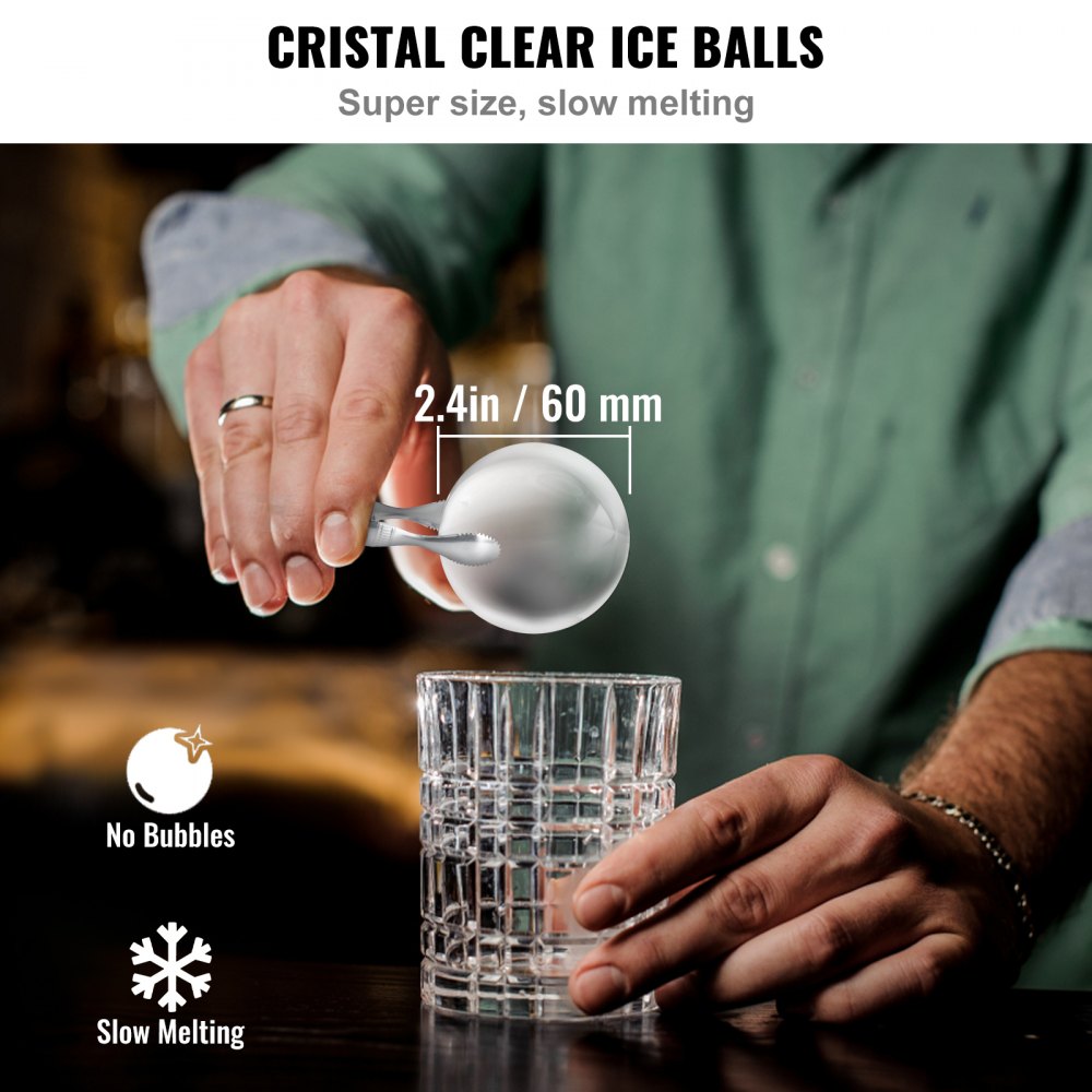 VEVOR Ice Ball Maker, Crystal Clear Ice Ball Maker 2.36inch Ice Sphere with Storage Bag and Ice Clamp, Round Clear Ice Cube 4-Cavity Ice Press Maker Whiskey Scotch Cocktail Brandy Bourbon 