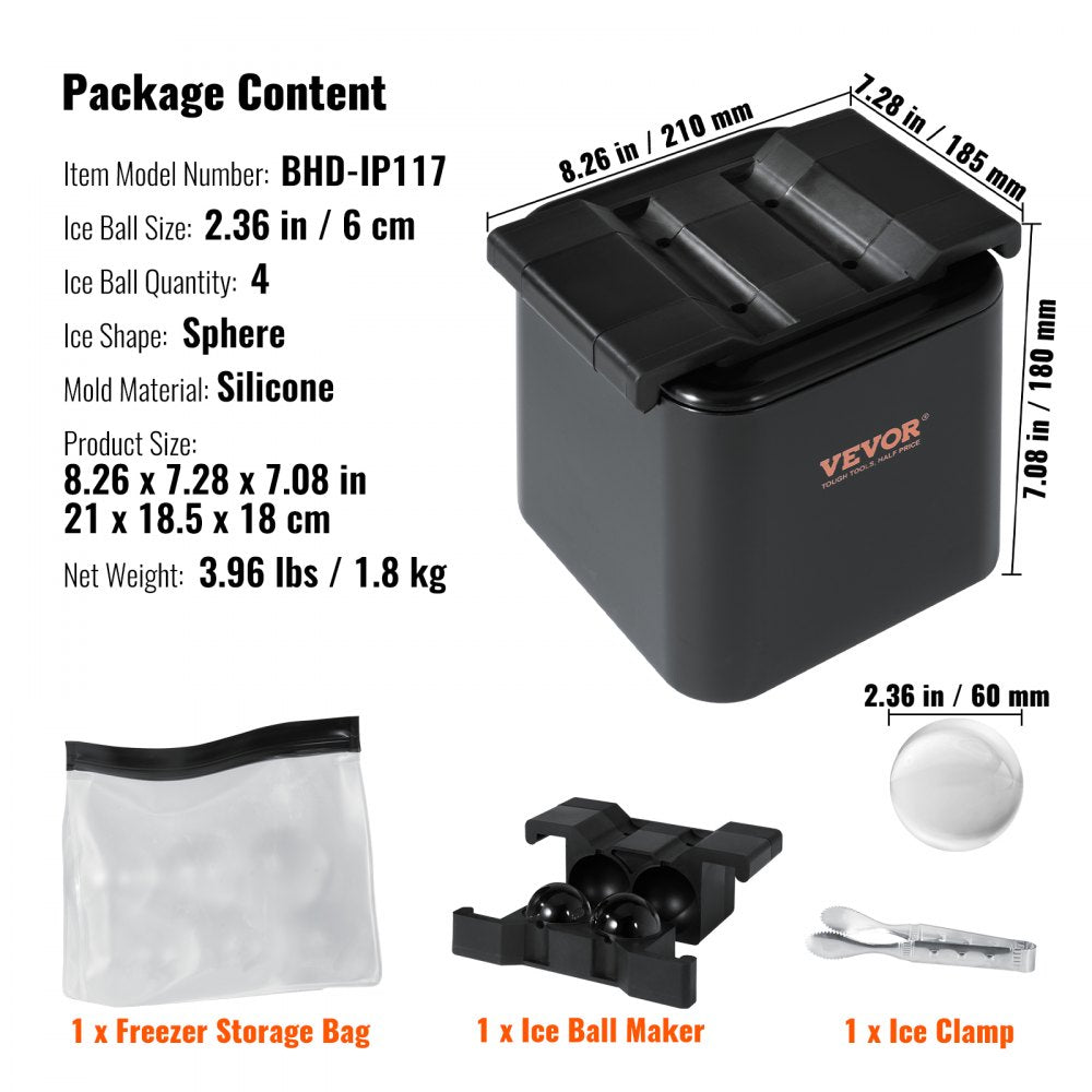 VEVOR Ice Ball Maker, Crystal Clear Ice Ball Maker 2.36inch Ice Sphere with Storage Bag and Ice Clamp, Round Clear Ice Cube 4-Cavity Ice Press Maker Whiskey Scotch Cocktail Brandy Bourbon 