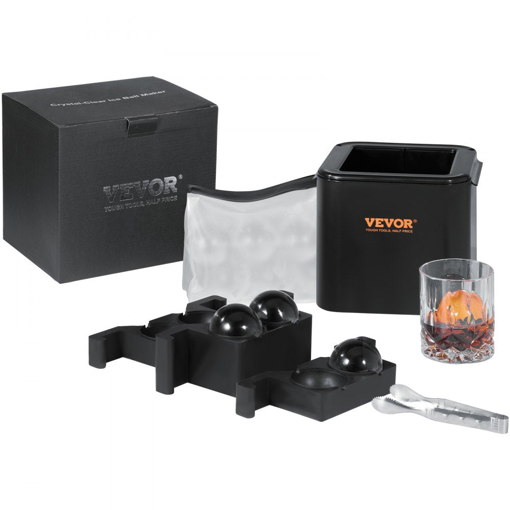 VEVOR Ice Ball Maker, Crystal Clear Ice Ball Maker 2.36inch Ice Sphere with Storage Bag and Ice Clamp, Round Clear Ice Cube 4-Cavity Ice Press Maker Whiskey Scotch Cocktail Brandy Bourbon 