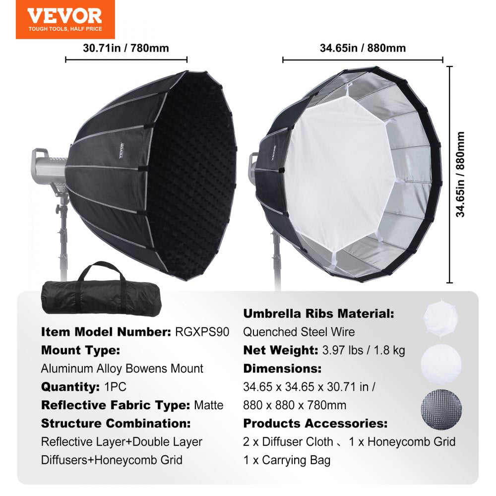 VEVOR Parabolic Softbox 33 in Quick Release & Quick Fold & Portable 