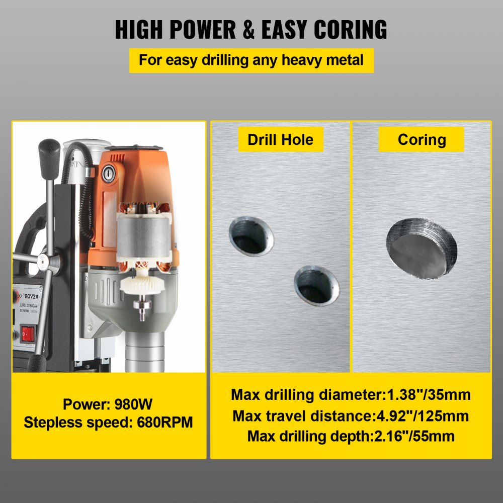 VEVOR Magnetic Drill Magnetic Drilling Machine 980W, Metal Drill Press High Power  680 rpm, Multi-Function Metal Drill Press 35MM Core Drilling Machine for Drilling And Tapping 