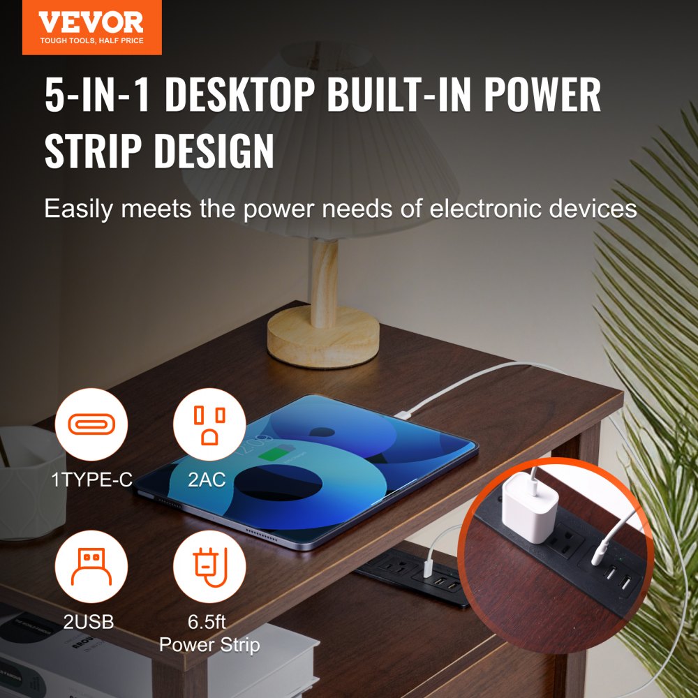 VEVOR Farmhouse End Table Narrow Night Stand with USB Ports and Outlets Brown 