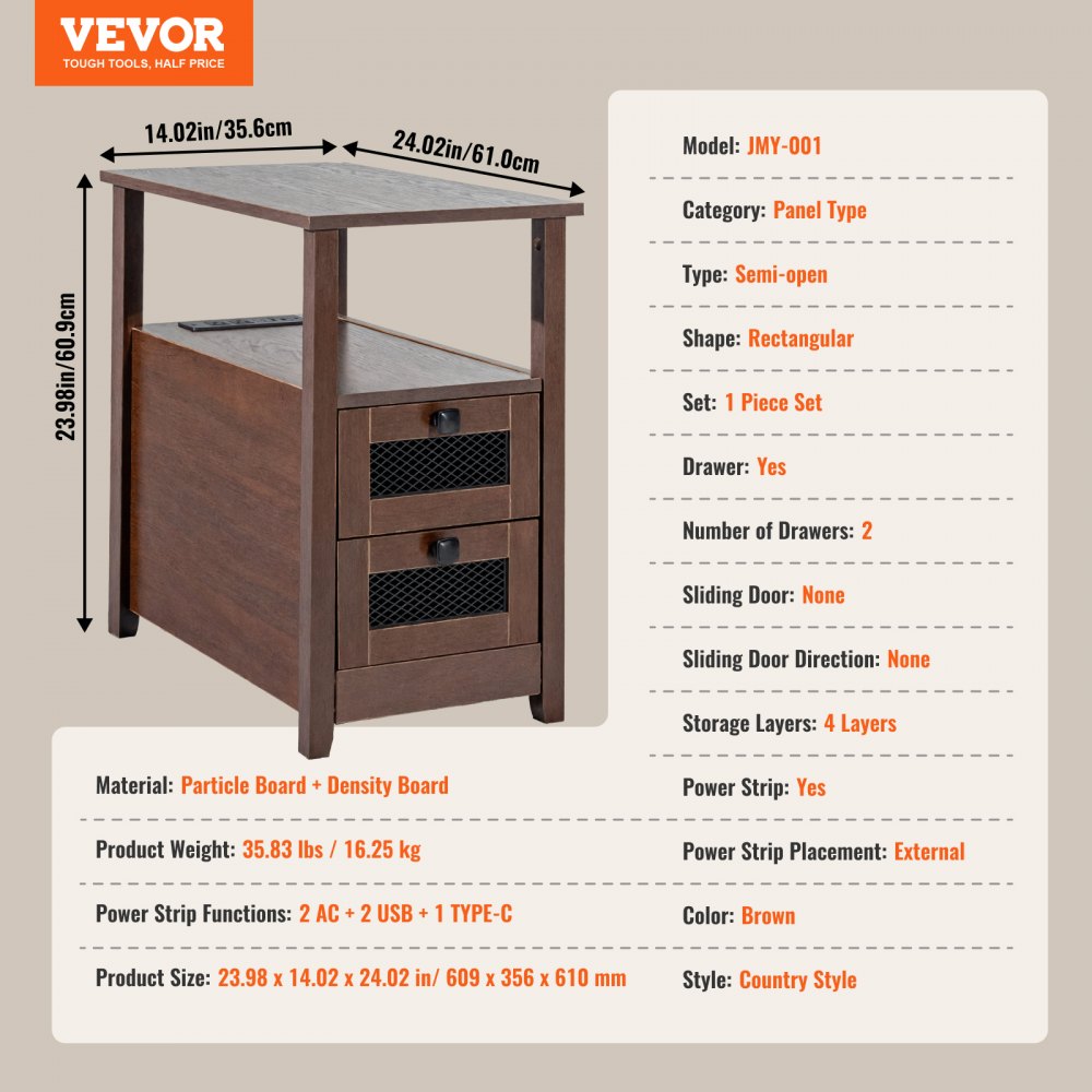 VEVOR Farmhouse End Table Narrow Night Stand with USB Ports and Outlets Brown 