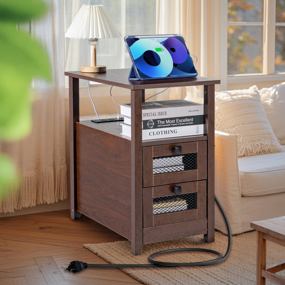 VEVOR Farmhouse End Table Narrow Night Stand with USB Ports and Outlets Brown 