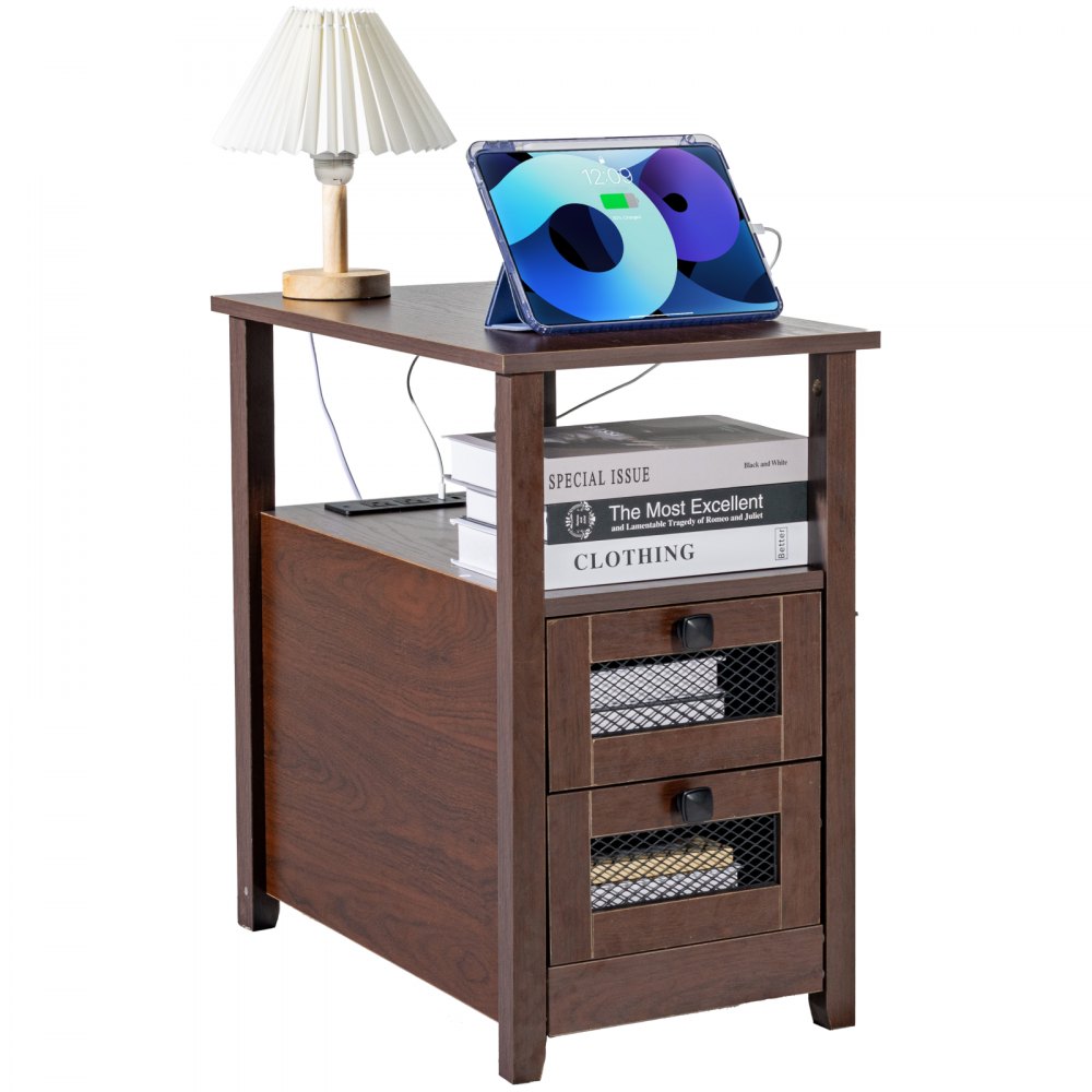 VEVOR Farmhouse End Table Narrow Night Stand with USB Ports and Outlets Brown 