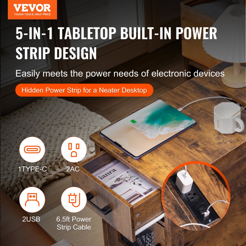 VEVOR Farmhouse End Table Night Stand with USB Ports & Outlets 3 Tiers Storage 