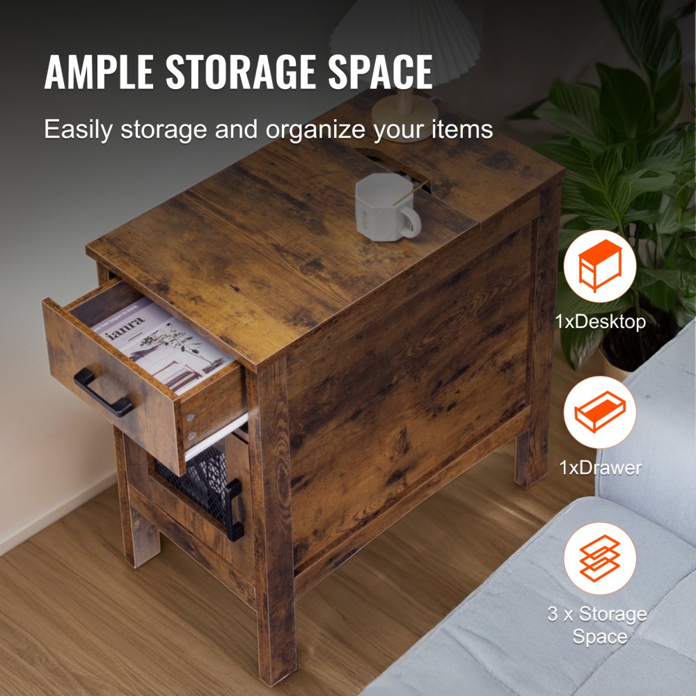 VEVOR Farmhouse End Table Night Stand with USB Ports & Outlets 3 Tiers Storage 