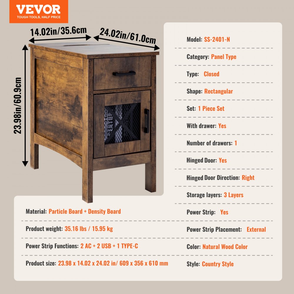 VEVOR Farmhouse End Table Night Stand with USB Ports & Outlets 3 Tiers Storage 