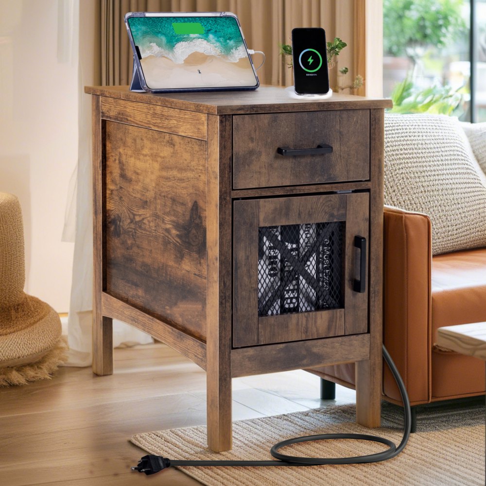 VEVOR Farmhouse End Table Night Stand with USB Ports & Outlets 3 Tiers Storage 