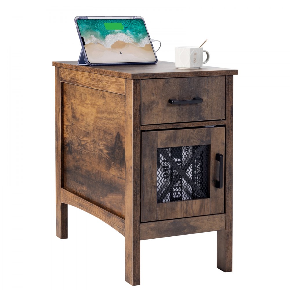 VEVOR Farmhouse End Table Night Stand with USB Ports & Outlets 3 Tiers Storage 
