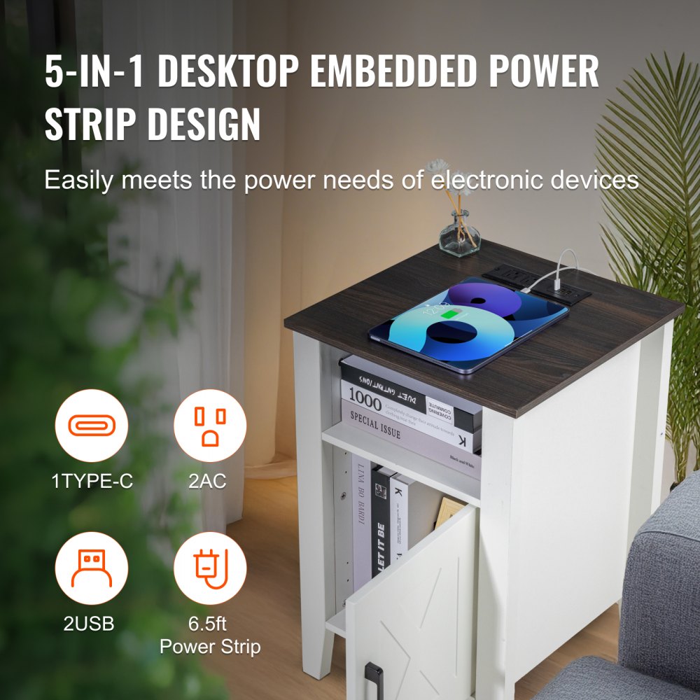 VEVOR Farmhouse End Table Night Stand with USB Outlets LED Light Set of 2 White 