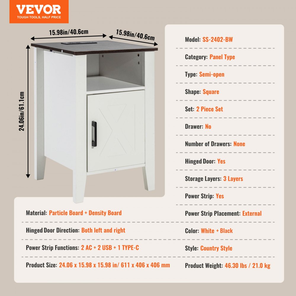 VEVOR Farmhouse End Table Night Stand with USB Outlets LED Light Set of 2 White 