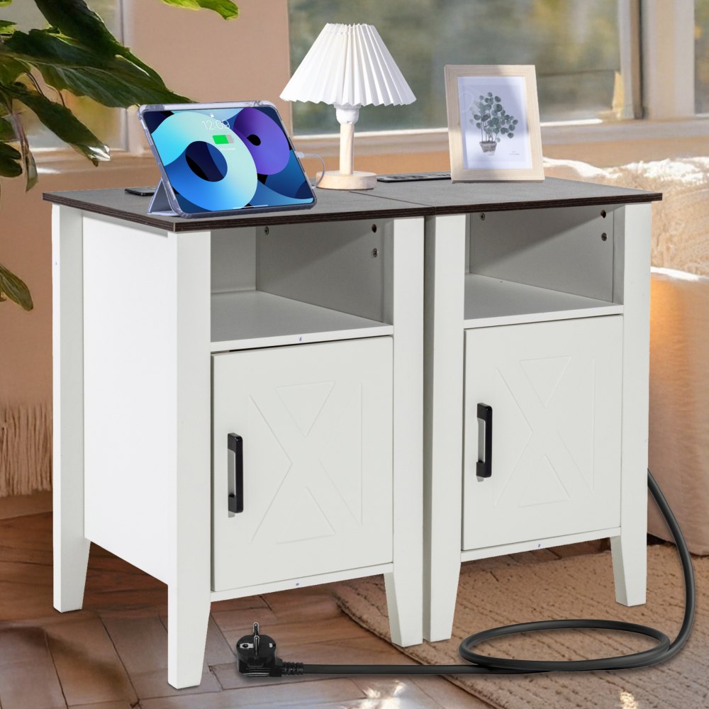 VEVOR Farmhouse End Table Night Stand with USB Outlets LED Light Set of 2 White 
