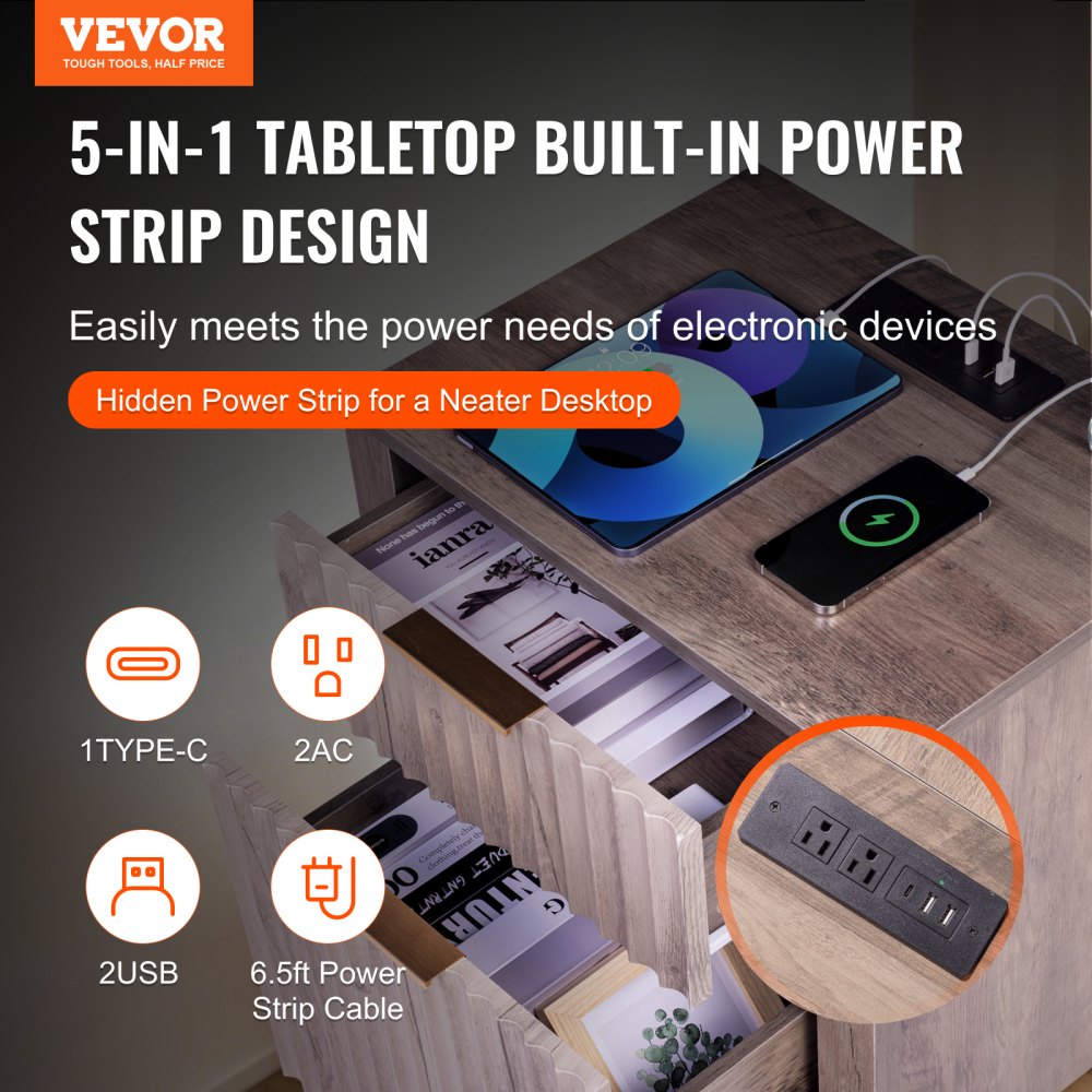 VEVOR Farmhouse End Table Square Night Stand with USB & Outlets Set of 2 Gray 