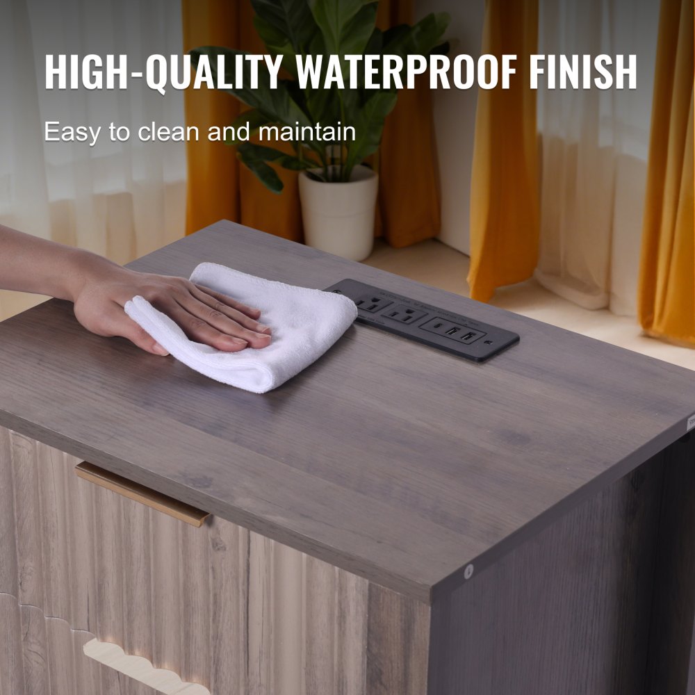 VEVOR Farmhouse End Table Square Night Stand with USB & Outlets Set of 2 Gray 