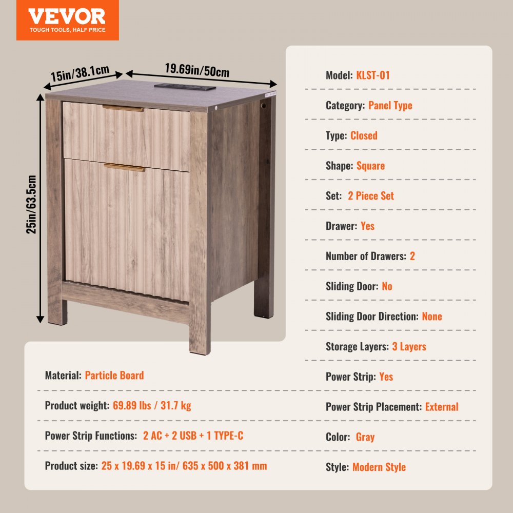 VEVOR Farmhouse End Table Square Night Stand with USB & Outlets Set of 2 Gray 