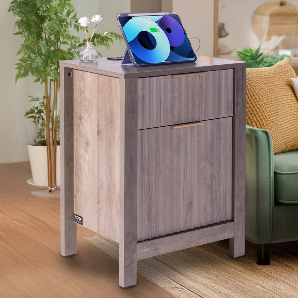 VEVOR Farmhouse End Table Square Night Stand with USB & Outlets Set of 2 Gray 