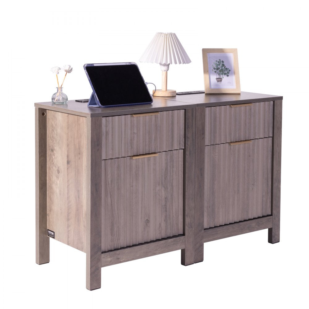 VEVOR Farmhouse End Table Square Night Stand with USB & Outlets Set of 2 Gray 