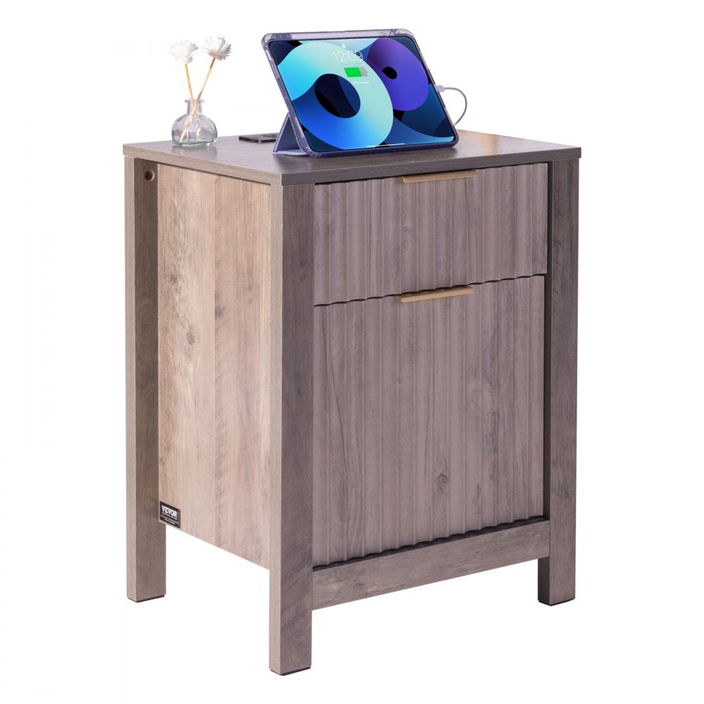 VEVOR Farmhouse End Table Square Night Stand with USB & Outlets Set of 2 Gray 