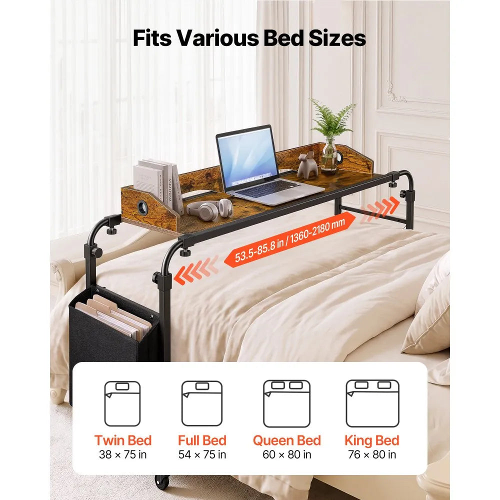 Overbed Table with Adjustable Height & Width, Mobile Rolling Bed Desk with Storage Pocket & Raised Edge – Brown