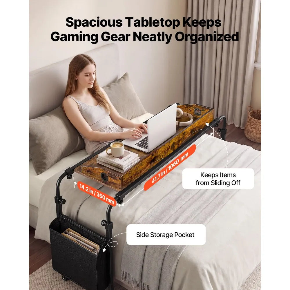 Overbed Table with Adjustable Height & Width, Mobile Rolling Bed Desk with Storage Pocket & Raised Edge – Brown