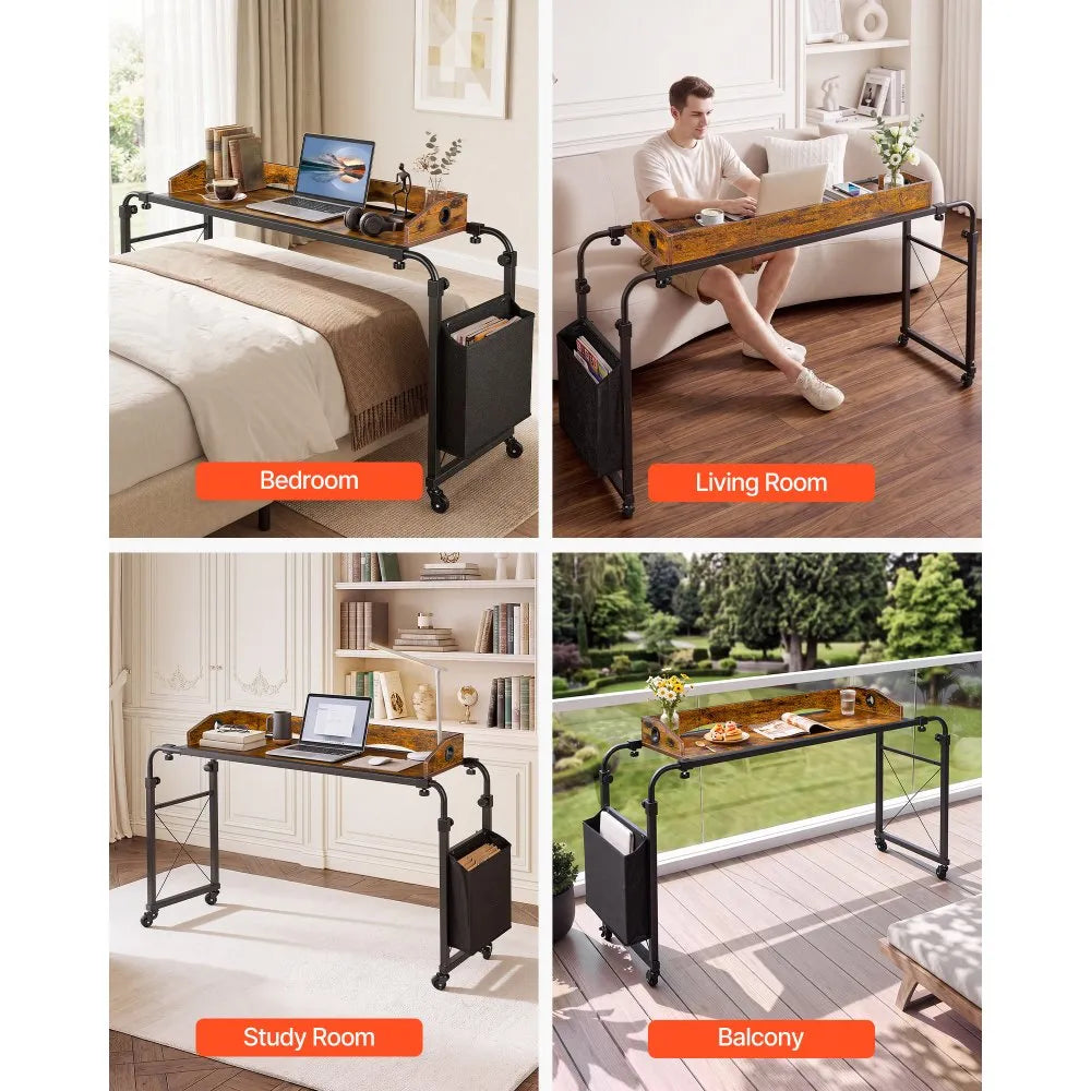Overbed Table with Adjustable Height & Width, Mobile Rolling Bed Desk with Storage Pocket & Raised Edge – Brown
