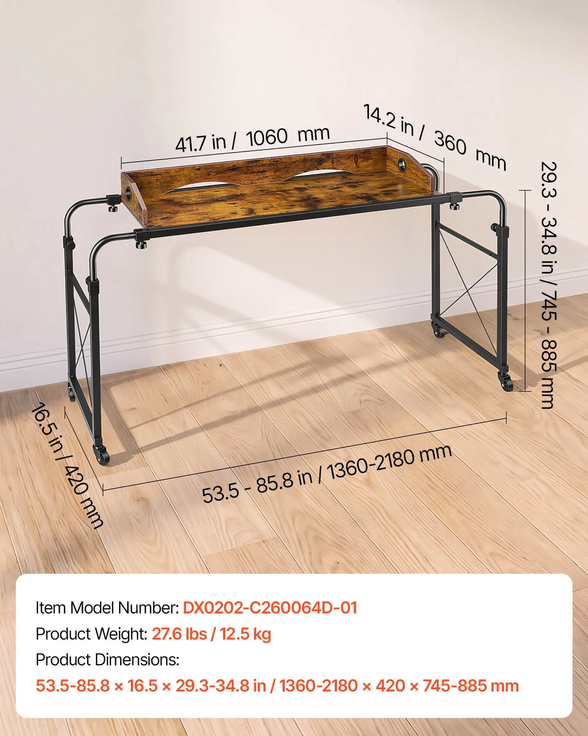 Overbed Table with Adjustable Height & Width, Mobile Rolling Bed Desk with Storage Pocket & Raised Edge – Brown
