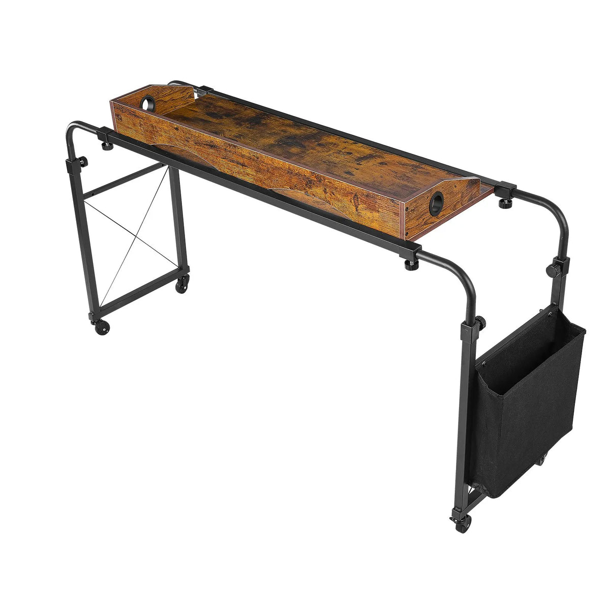 Overbed Table with Adjustable Height & Width, Mobile Rolling Bed Desk with Storage Pocket & Raised Edge – Brown