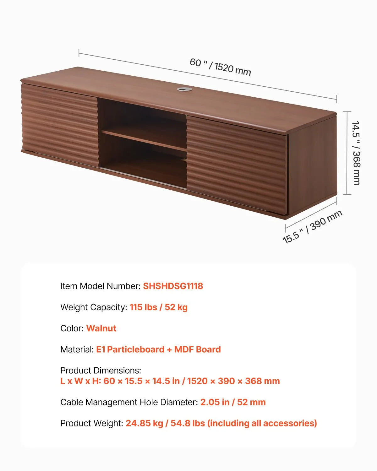 VEVOR Floating TV Stand 60" Entertainment Center Adjustable Shelf & Sliding Door