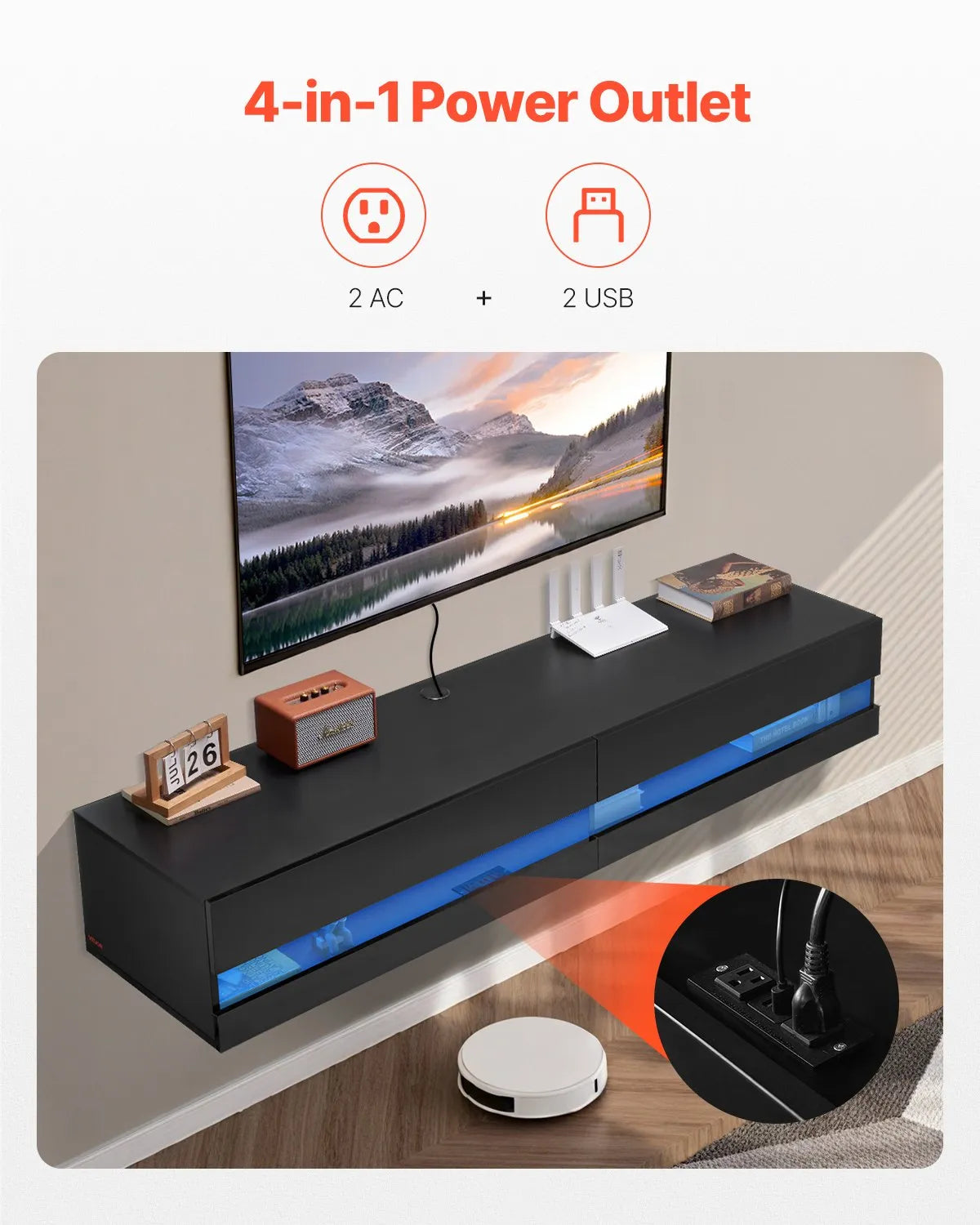 VEVOR Floating TV Stand 71" Entertainment Center Power Outlet & LED Light Black